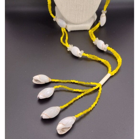 Vintage 23" Beaded Cowrie Shell Necklace Y Drop Long Tassel Yellow White Plastic - Picture 2 of 6